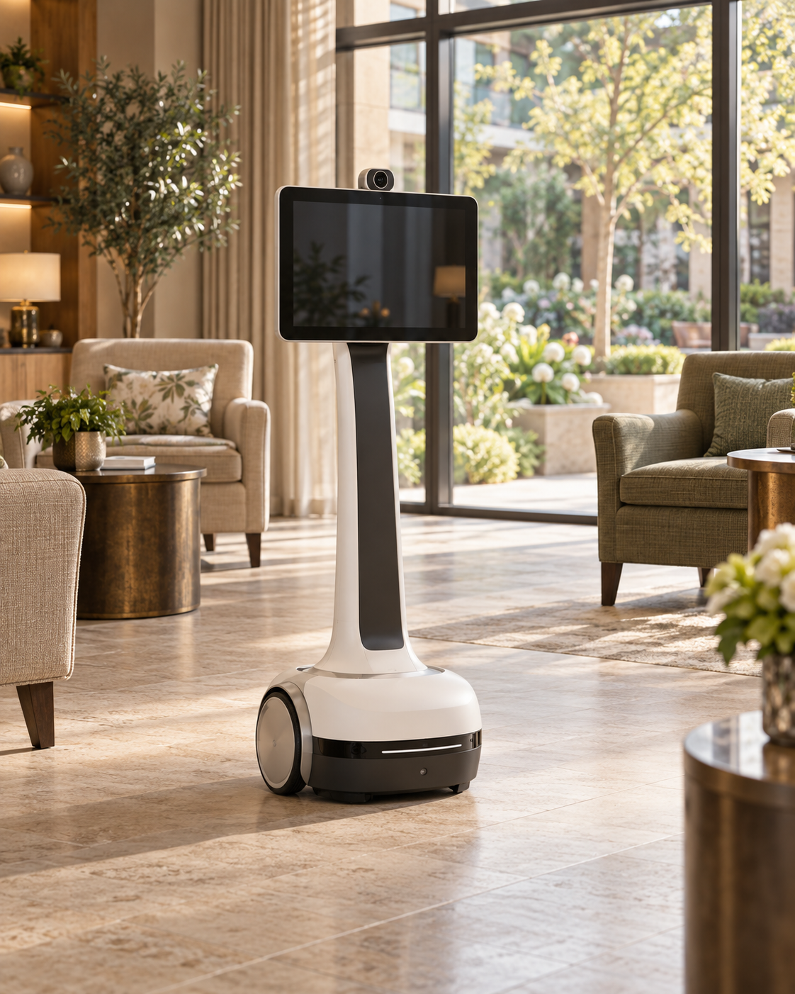 Illustrative mobile telepresence robot in a care lounge