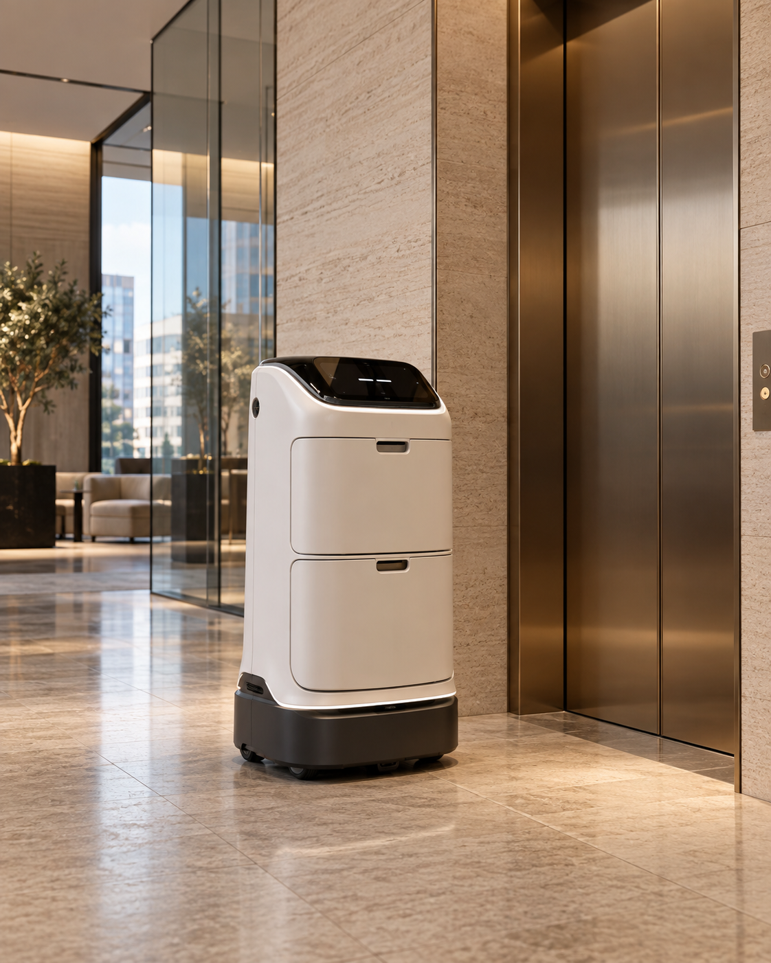 Illustrative secure delivery robot beside office lifts