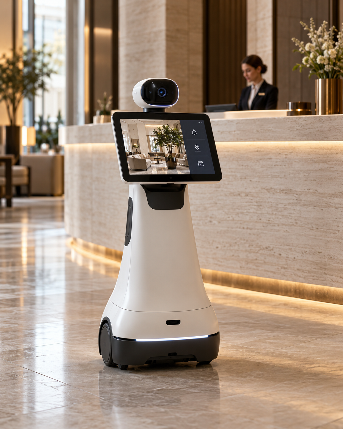 Illustrative reception assistance robot in a hotel lobby
