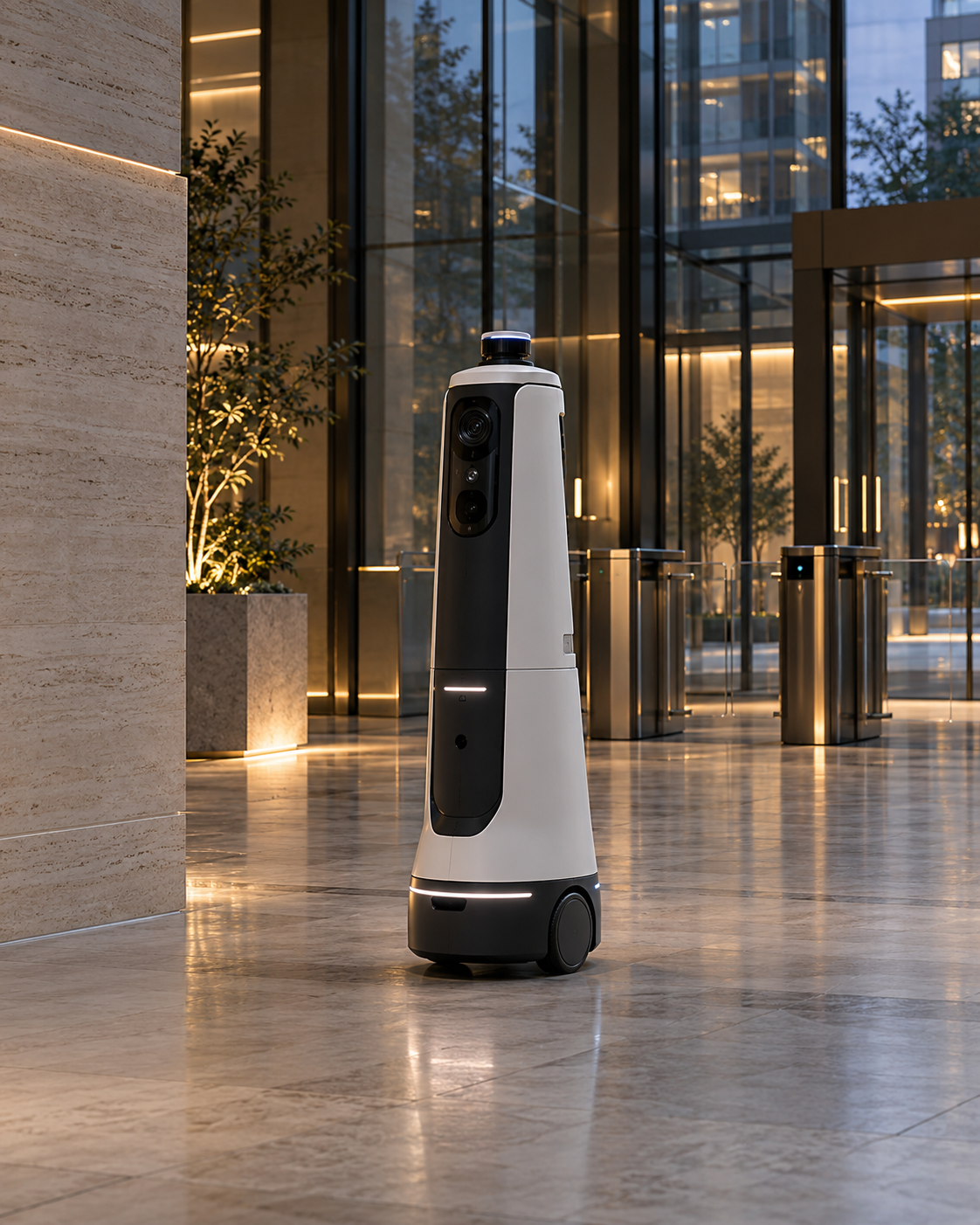 Illustrative security patrol robot in a corporate atrium
